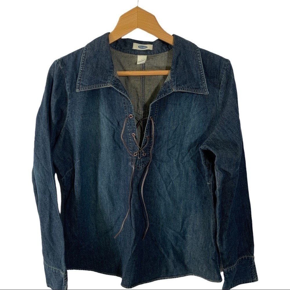 Old Navy womens Casual Dark Wash Denim Top size L peasant style draw string
